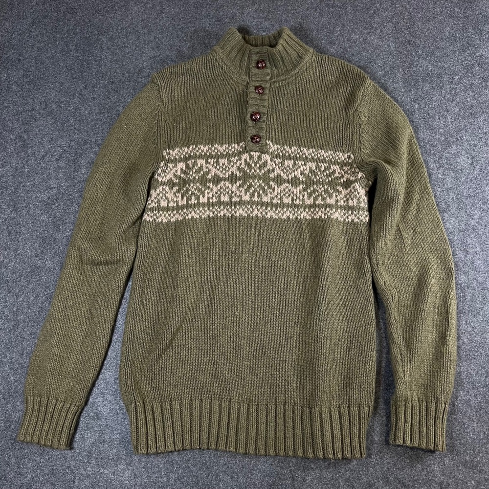 Fossil Mens Olive Green Fair Isle Mock Neck Button Sweater Large Cotton Angora